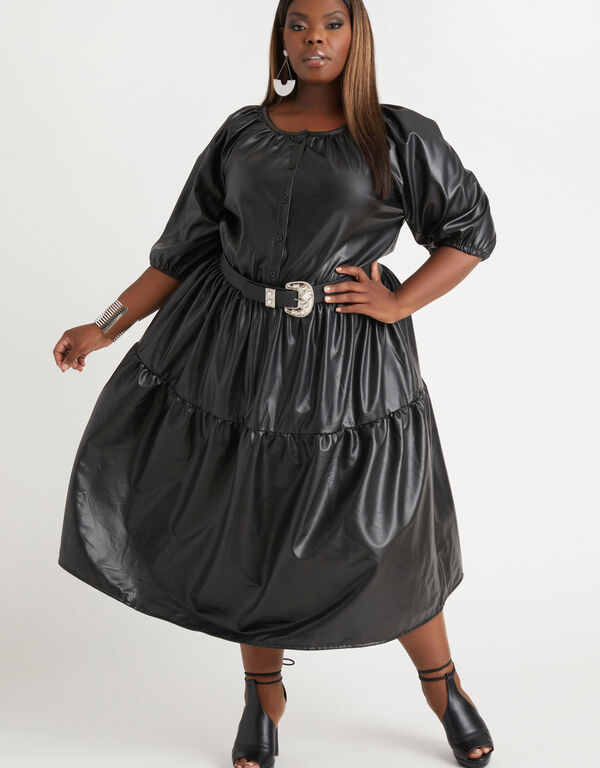 Tiered Faux Leather Midi Dress, Black image number 0