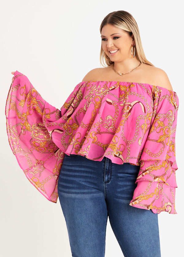Off The Shoulder Status Print Top, Fuchsia Red image number 0