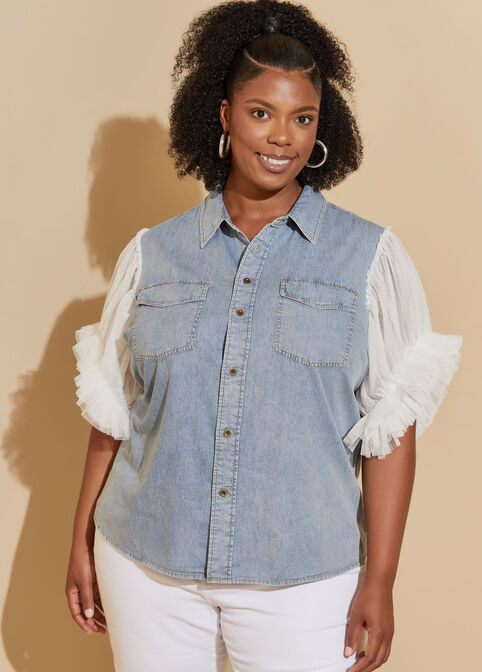 Tulle Sleeved Chambray Shirt, Denim image number 0