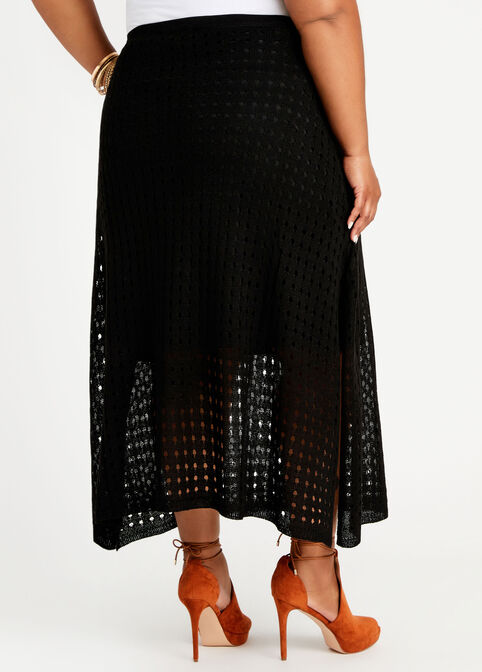 Pointelle Side Slit Maxi Skirt, Black image number 1