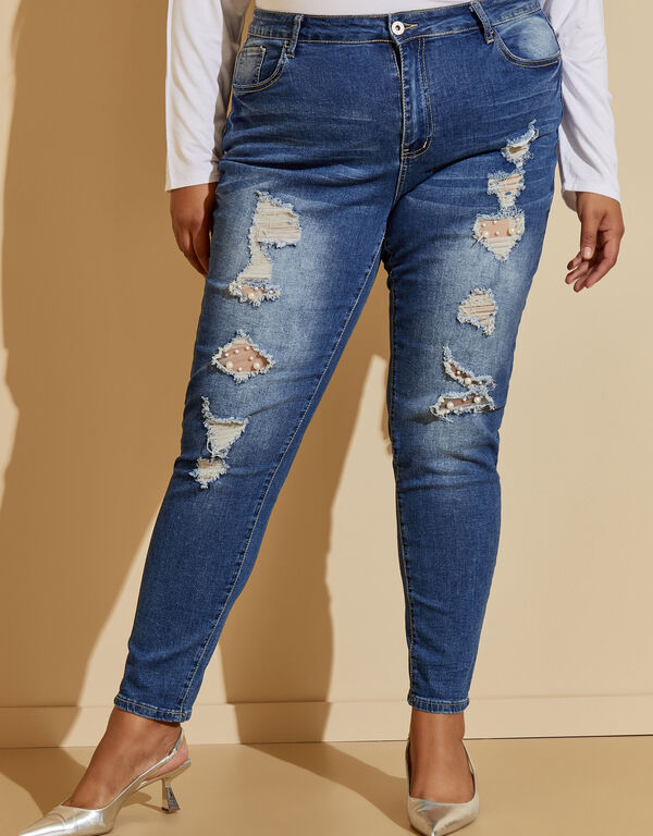 Faux Pearl Distressed Skinny Jeans, Medium Blue image number 0