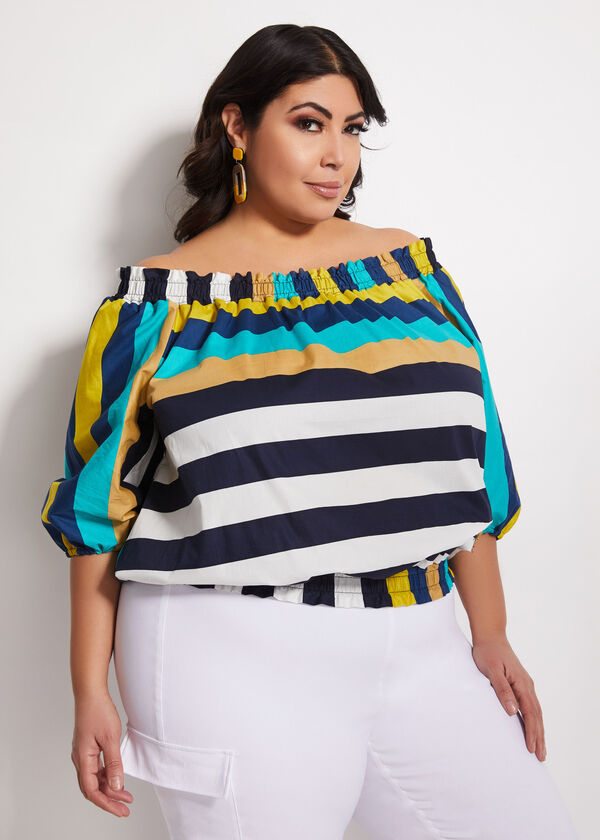 Plus Size Cotton Striped Off The Shoulder Peasant Smock Tops