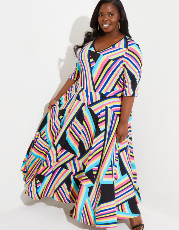 Striped Stretch Knit Maxi Dress, Multi image number 0