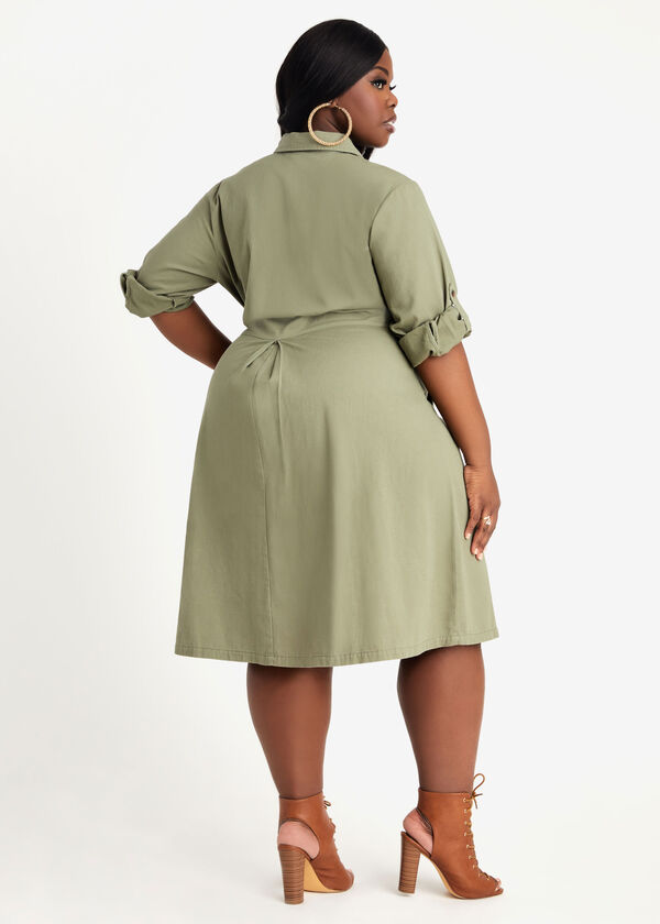 Cotton Tie Front Shirtdress, Olive image number 1