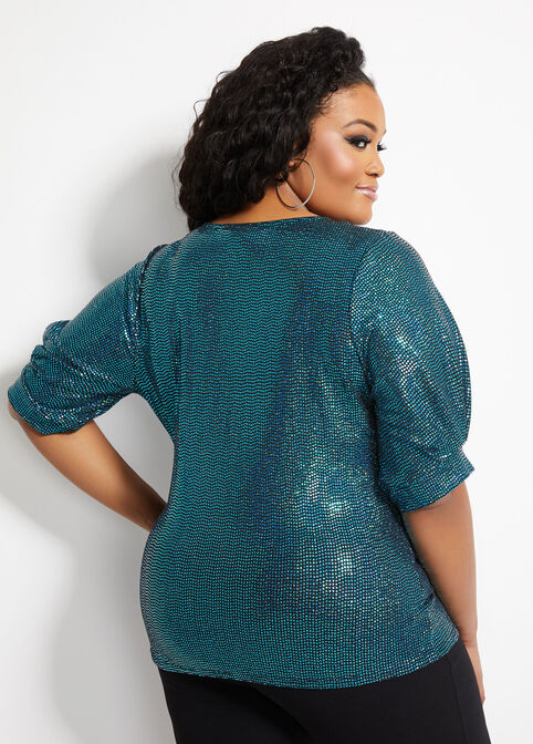 Sequin Fitted Puff Sleeve Top, Veridian Green image number 1