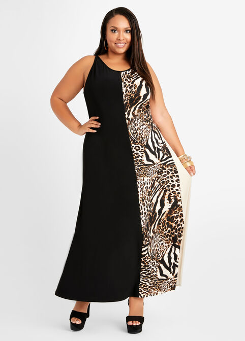 Tall Leopard Flared Maxi Dress, Black Animal image number 0