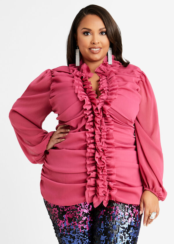 Ruched Ruffle Button Up Top, Sangria image number 0