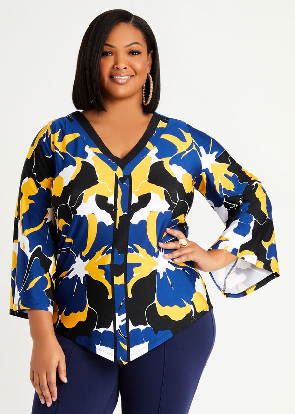 Plus Size Abstract Print Statement Flare Sleeve Knit Asymmetric Tops