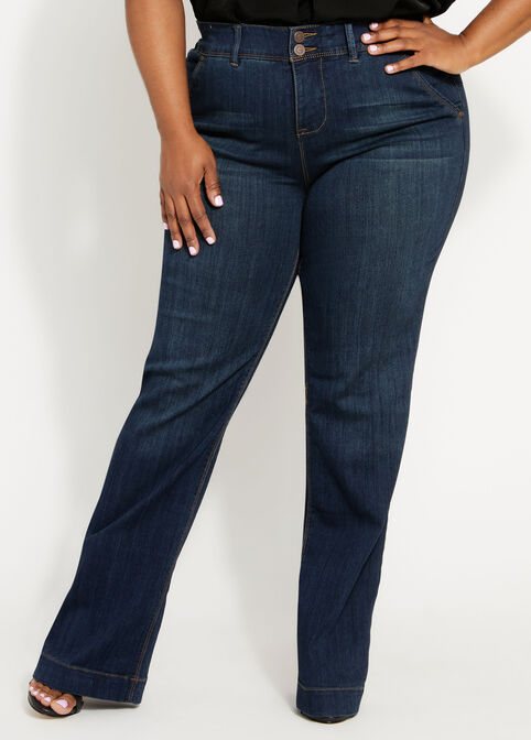 Plus Size Dark Wash Blue Mid Rise Wide Leg Stretch Denim Trouser Jeans image number 0