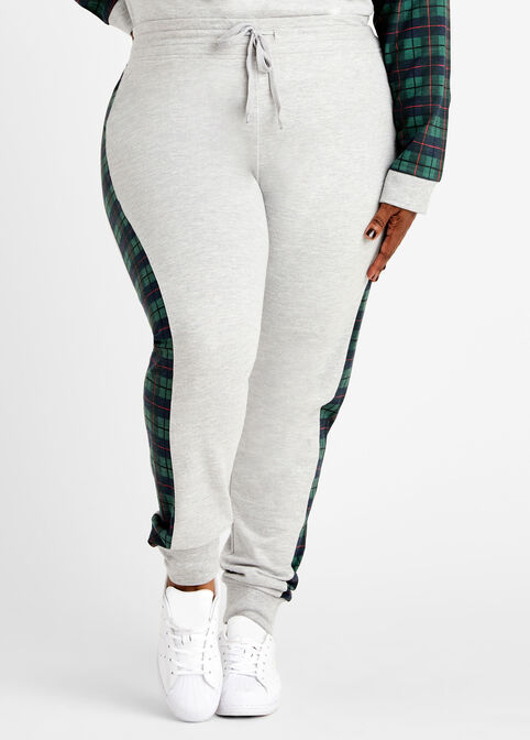 Trendy Plus Size Plaid Colorblock Athletic Joggers Hoodie Outfit Set image number 0