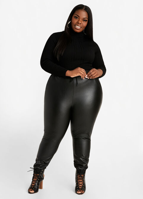 Faux Leather High Waist Joggers, Black image number 2