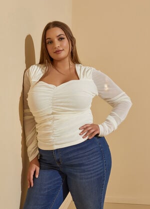 Ruched Sweetheart Mesh Top, White image number 0