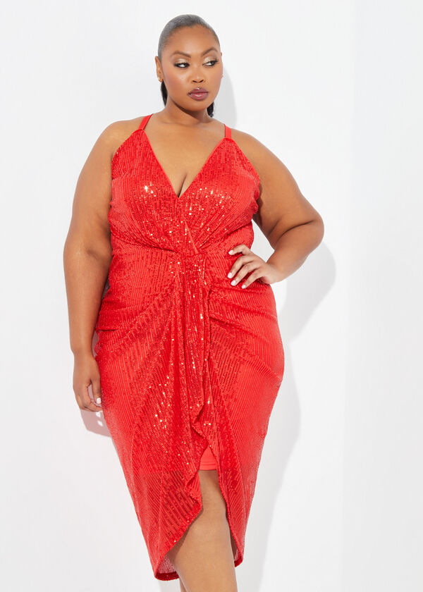 Sequined Draped Midi Dress, Red image number 4