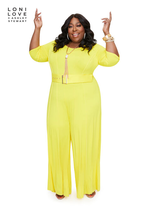 Plus Size Seam Knit Belted Wide Leg Elbow Sleeve Stretch Jumpsuits image number 0