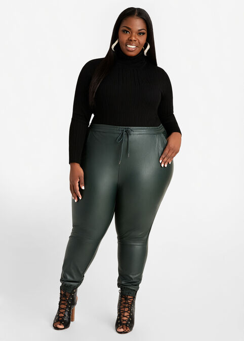 Faux Leather High Waist Joggers, Green image number 2