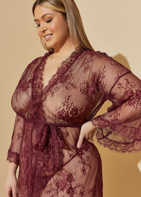 Lace Robe And Thong Set, Burgundy image number 2