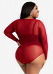 Mesh Long Sleeve Lingerie Bodysuit, Red image number 1