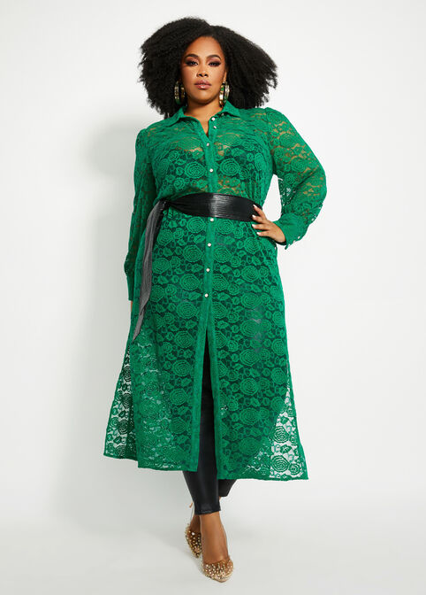 Green Belted Lace Maxi Shirtdress, Green image number 0