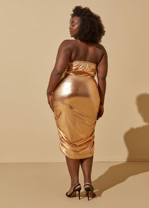 Strapless Ruched Bodycon Dress, Gold image number 1