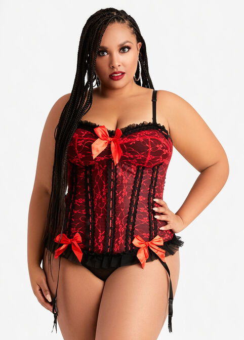 Lace & Satin Bow Lingerie Corset, Red image number 0