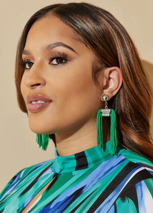 Tasseled Silver Tone Earrings, Abundant Green image number 0