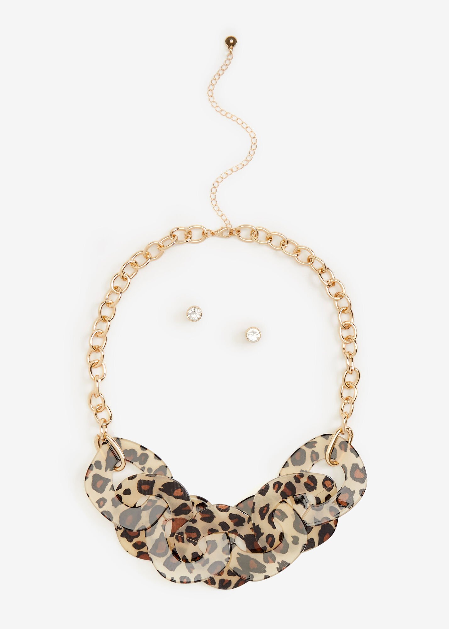 Statement Jewelry Gold Animal Print Chain Link Drop Oversize Necklace