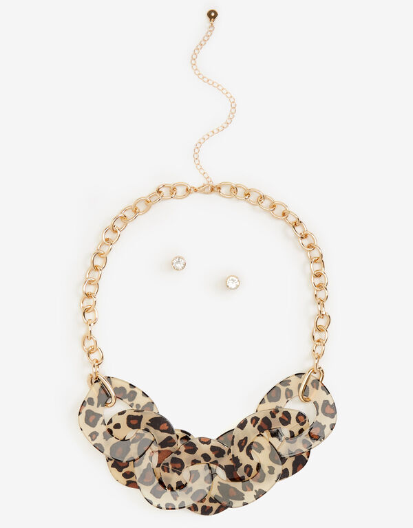 Leopard Print Necklace & Earrings Set, Black Combo image number 0
