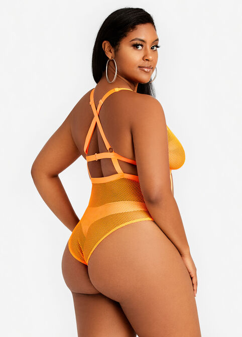 Neon Mesh Cutout Thong Bodysuit, Orange image number 1