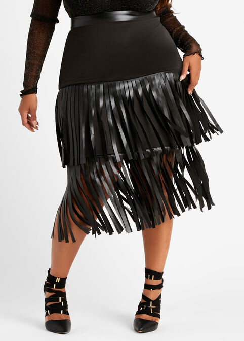 Faux Leather & Knit Fringe Skirt, Black image number 0