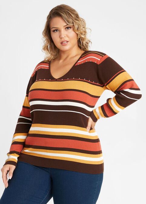 Studded Stripe V Neck Sweater, Potters Clay image number 0