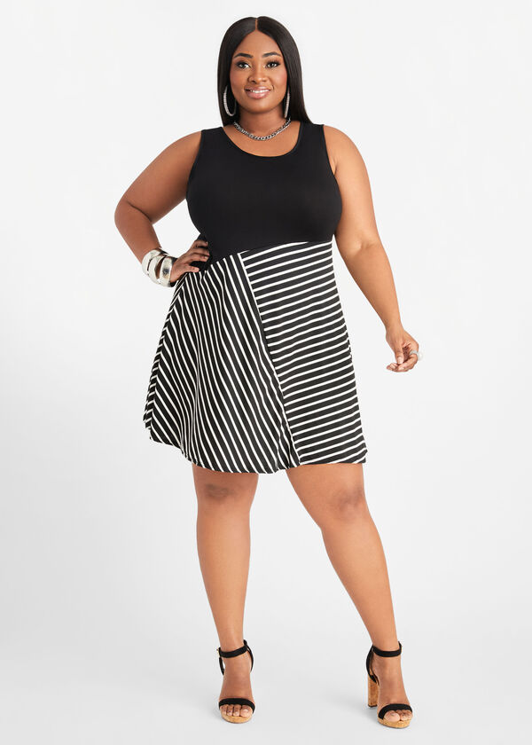 Colorblock Stripe Swing Dress, Black White image number 0
