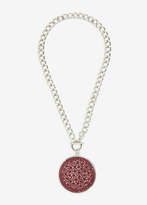 Crystal Embellished Disc Necklace, Burgundy image number 0