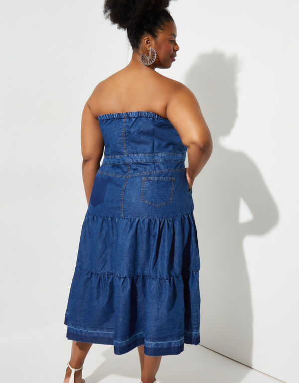 Strapless Denim Midi Dress, Medium Blue image number 1