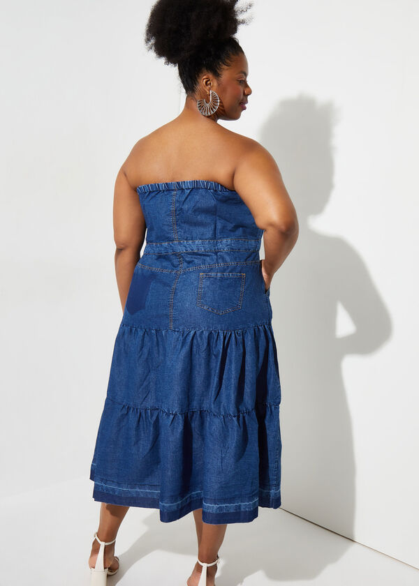 Strapless Denim Midi Dress, Medium Blue image number 1