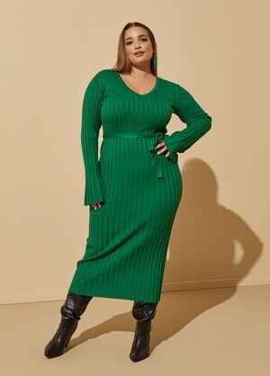 Belted Ribbed Midi Sweater Dress, Abundant Green image number 0