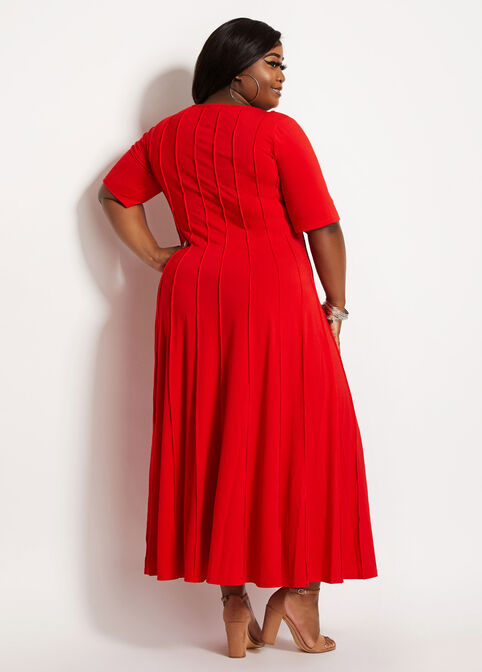 Seamed Keyhole Bar Neck Midi Dress, Red image number 1