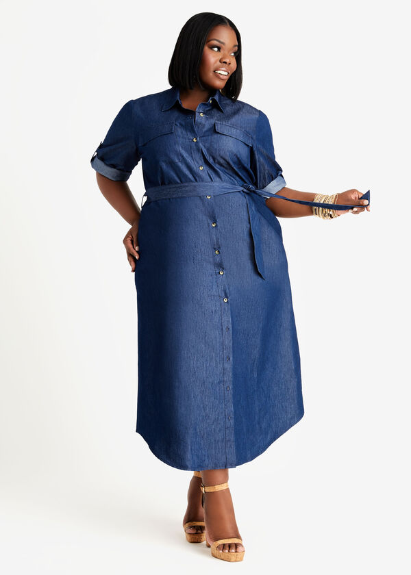 Belted Chambray Maxi Shirtdress, Denim image number 0