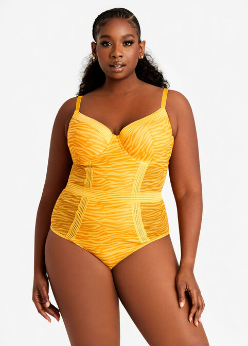 Printed Mesh Stripe Front Bodysuit, Honey Gold image number 0