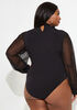 Mesh Paneled Stretch Knit Bodysuit, Black image number 3