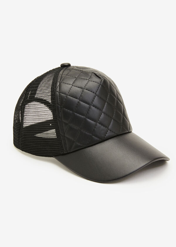 Quilted Faux Leather Trucker Hat, Black image number 0