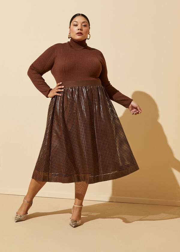 Perforated Faux Leather Midi Skirt, Brown image number 4