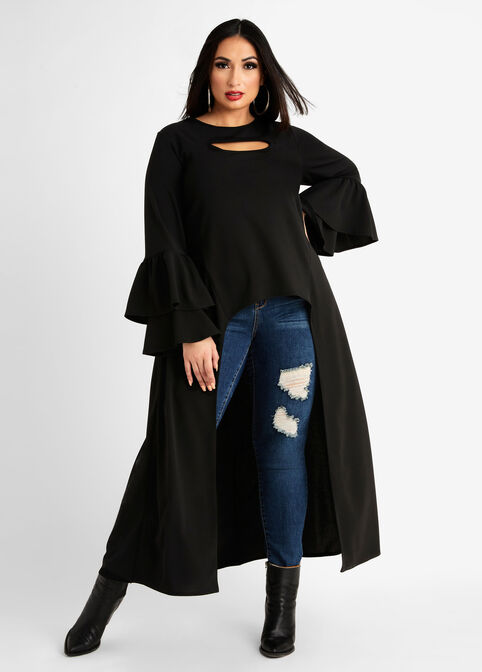 Plus Size Cutout Knit Scoop Neck Tiered Bell Sleeves Hi Low Duster Top image number 0
