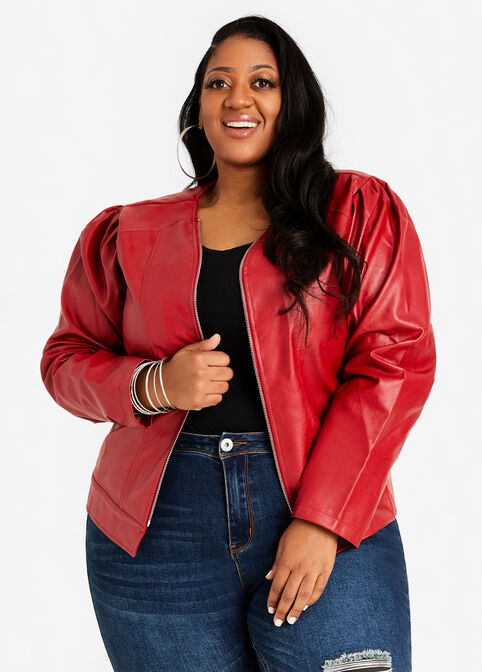 Plus Size Faux Leather Puff Sleeve Collarless Trendy Zip Front Jacket image number 0