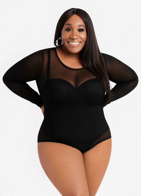 Plus Size Sexy Mesh Long Sleeve Scoop Neck Lingerie Bodysuit image number 0