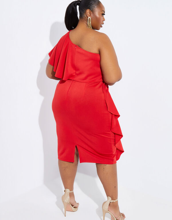 Ruffled One Shoulder Bodycon Dress, Barbados Cherry image number 1