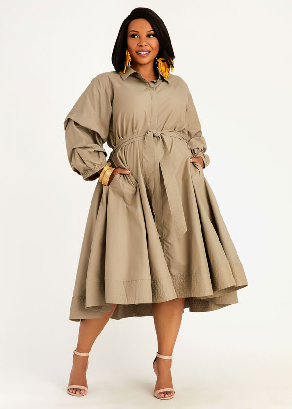 Plus Size Belted Flared Puff Sleeve Ruffle Chic Party Midi Shirt Dress