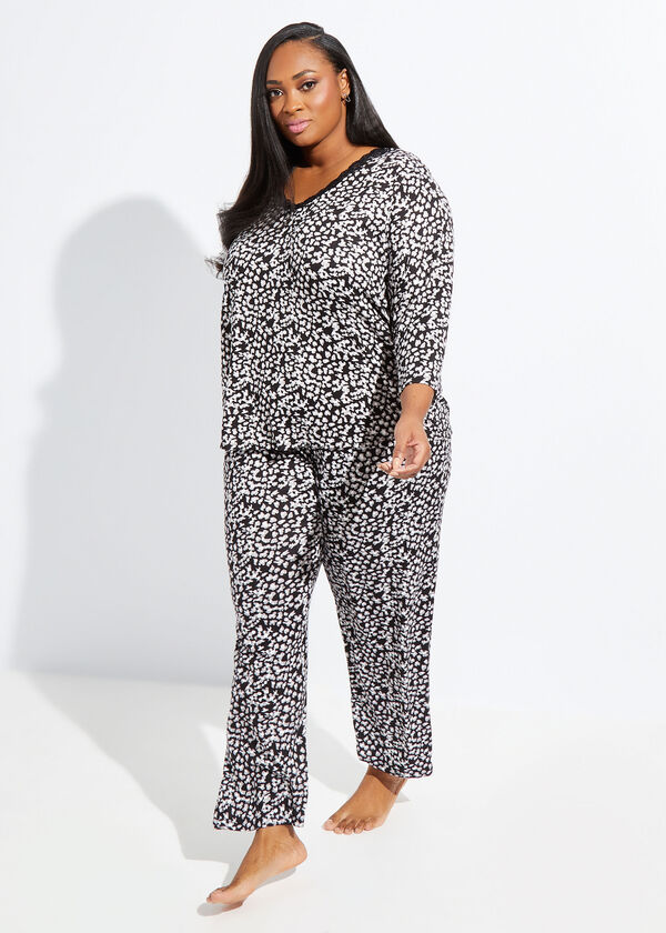 Rene Rofe Leopard Pajama Set, Black Animal image number 0