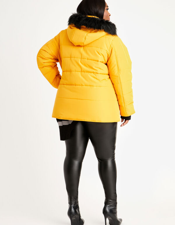 Fur Trim Hood Zip Puffer Coat, Mustard image number 1