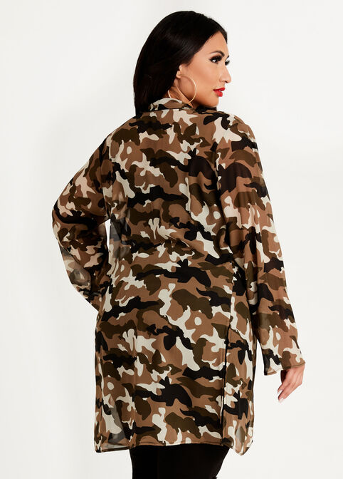 Camo Sheer Open Front Duster, Olive image number 1