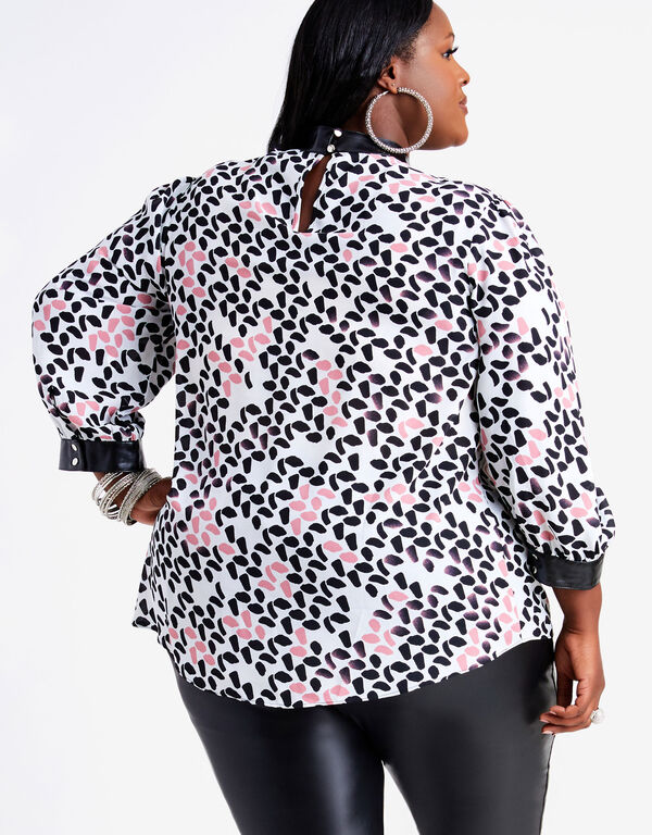 Faux Leather Trim Printed Blouse, Foxglove image number 1